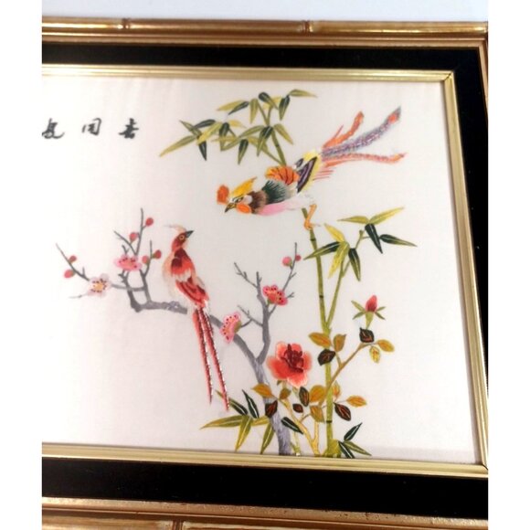 Pair Vintage 1960 Chinese Embroidered Silk Crane Phoenix Bird Floral Gold  Frame - Picture 9 of 12